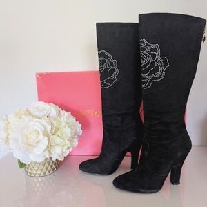Betsey Johnson | Size 7.5 | Black Knee-High Suede Leather Boots, Rhinestone Rose